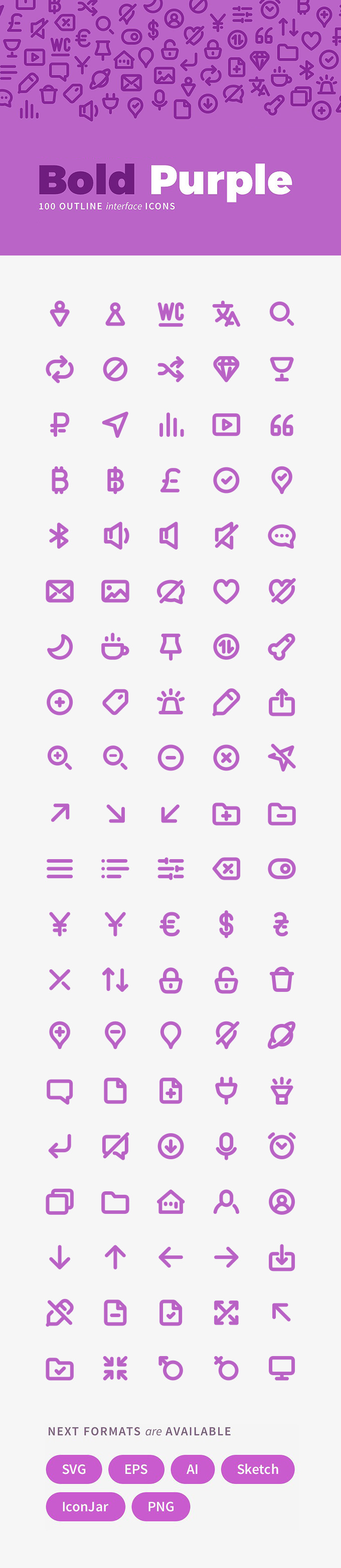 100个紫色风格线框图标集 100 Bold Purple Line Icons