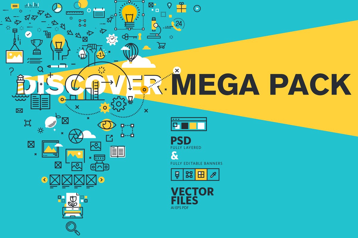 细线扁平设计风格字体插画混合Banner设计模板 Thin Line Flat Design Word Banners Pack