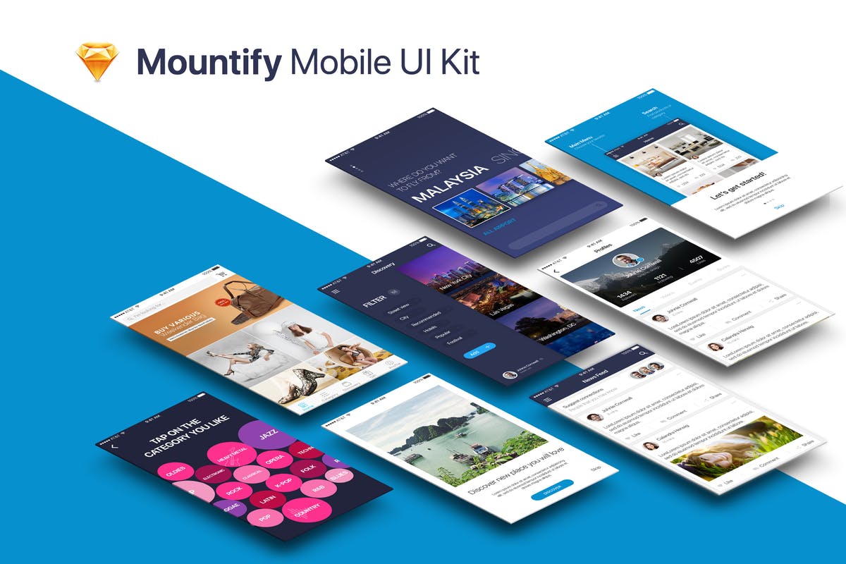 现代设计风格多用途APP应用UI套件 Mountify Mobile UI Kit – Sketch Version