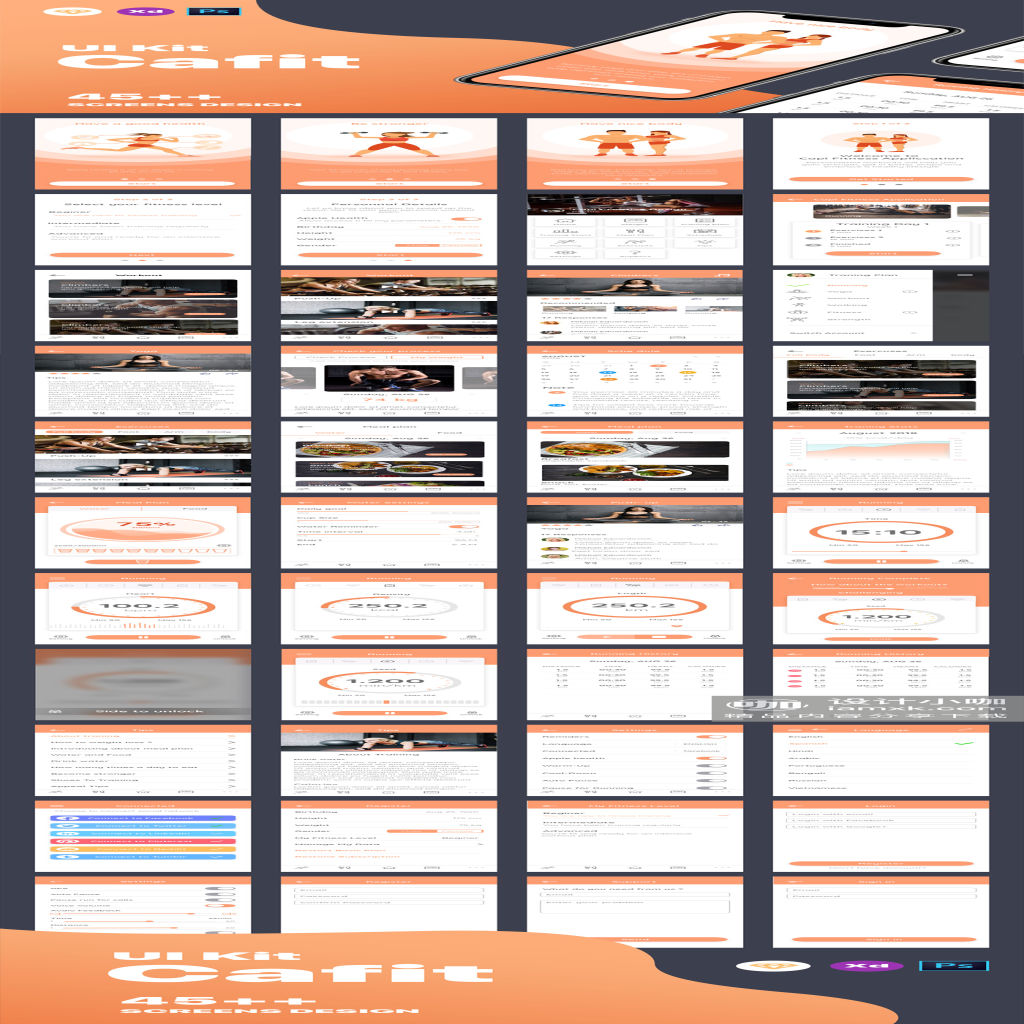 一流设计素材网下午茶：精美的插画运动健身主题的APP UI KIT [Sketch,XD,PSD]