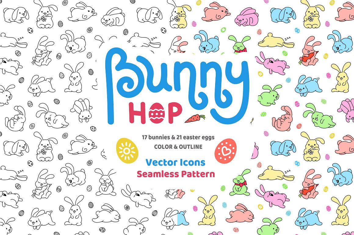 兔子跳图标及复活节彩蛋纹理素材集合 Bunny Hop Icons And Seamless Pattern