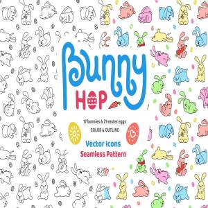 兔子跳图标及复活节彩蛋纹理素材集合 Bunny Hop Icons And Seamless Pattern