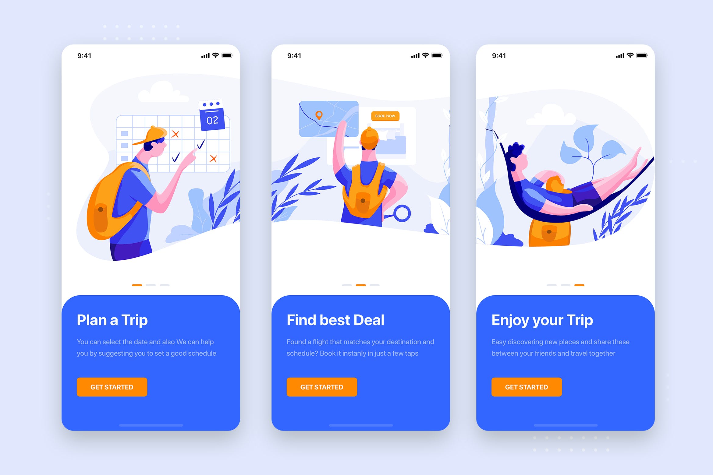 旅游主题APP概念插画引导页设计模板 On boarding for Travel Mobile App