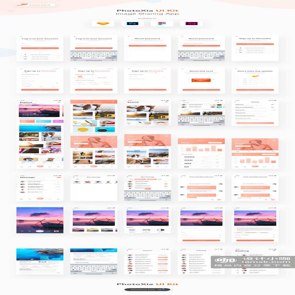 一流设计素材网下午茶：多功能图片分享社区 APP UI KIT [Sketch,PSD,fig,XD]