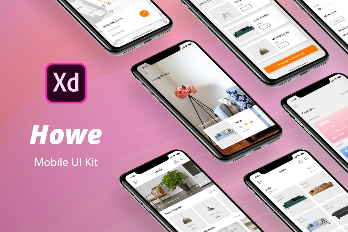 家具品牌企业APP应用UI设计套件XD模板 Howe Mobile UI Kit