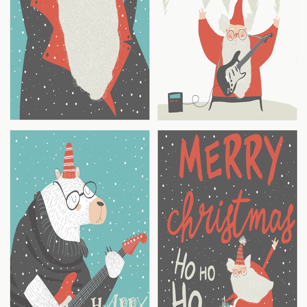 摇滚圣诞老人手绘图案圣诞节贺卡设计模板 Set of Christmas card with rock n roll Santa Clau插图
