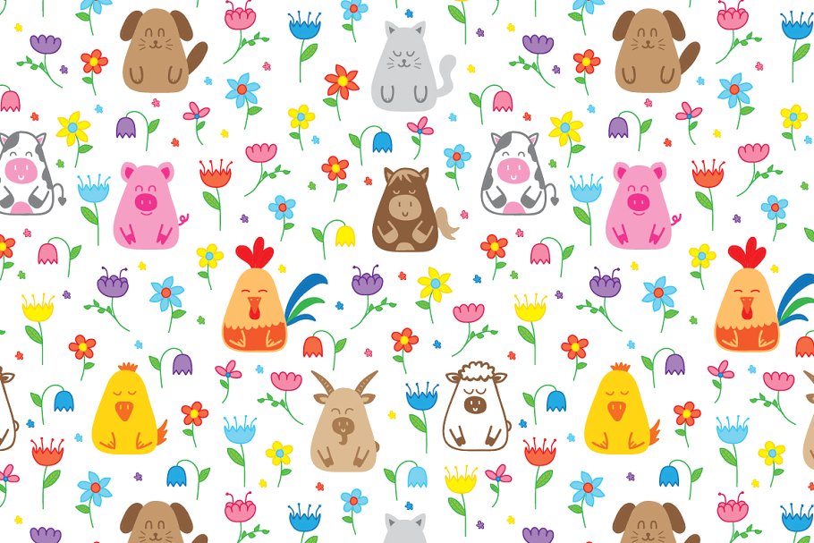 手绘涂鸦农场动物设计元素图案 Doodle farm animals