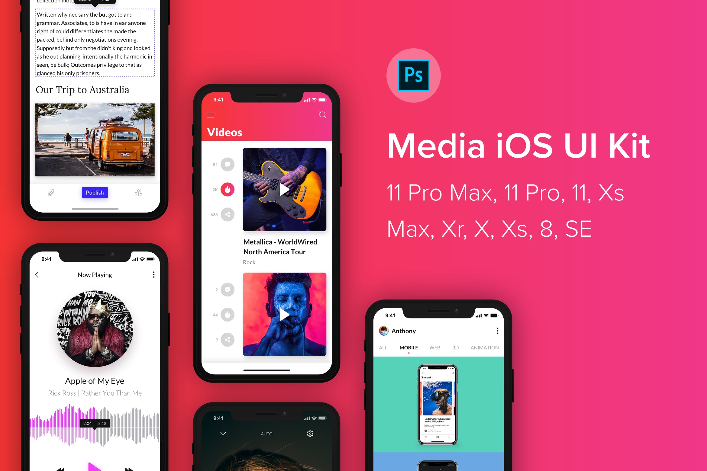iOS平台多媒体APP应用UI设计PSD模板 Media iOS UI Kit (Photoshop)