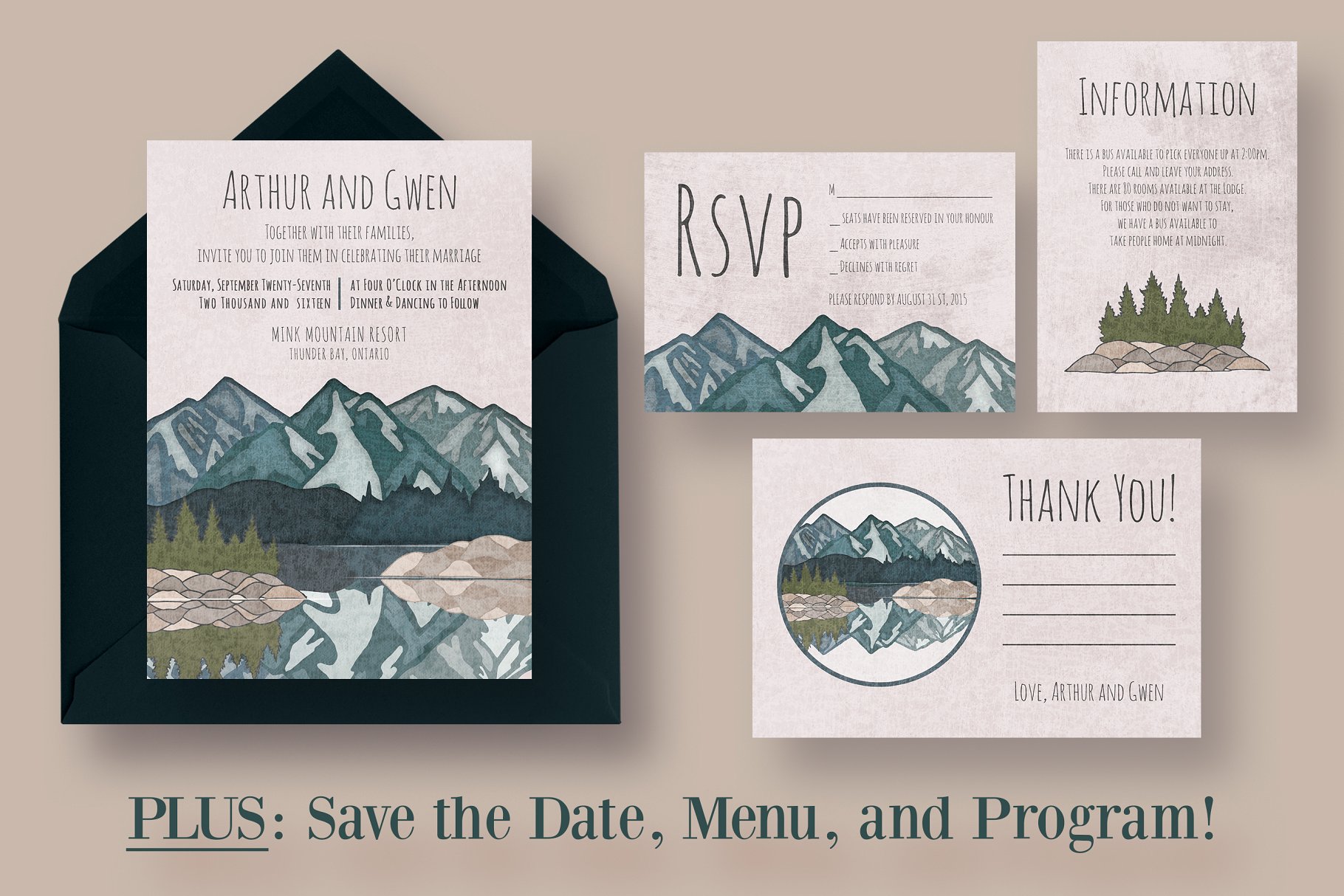 山水如画水彩婚礼设计物料模板 Mirror Lake Wedding Suite