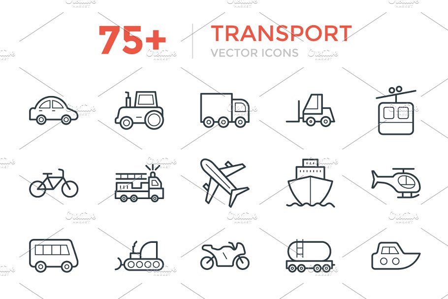 75+交通工具运输主题简笔画矢量图标 75+ Transport Vector Icons