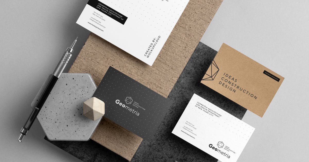 企业品牌VI设计办公文具立体悬浮俯视图样机PSD模板