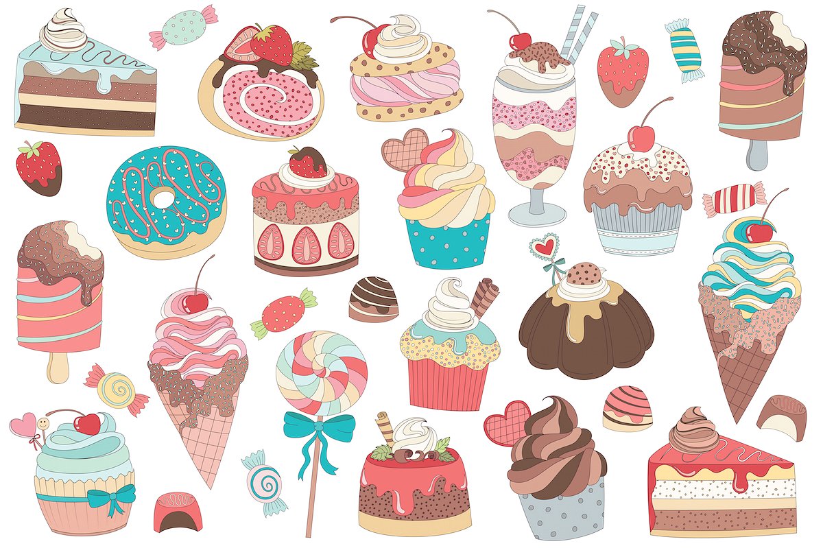 31款水彩手绘甜点矢量图形 31 Treats & Candy Vector and PNG Set