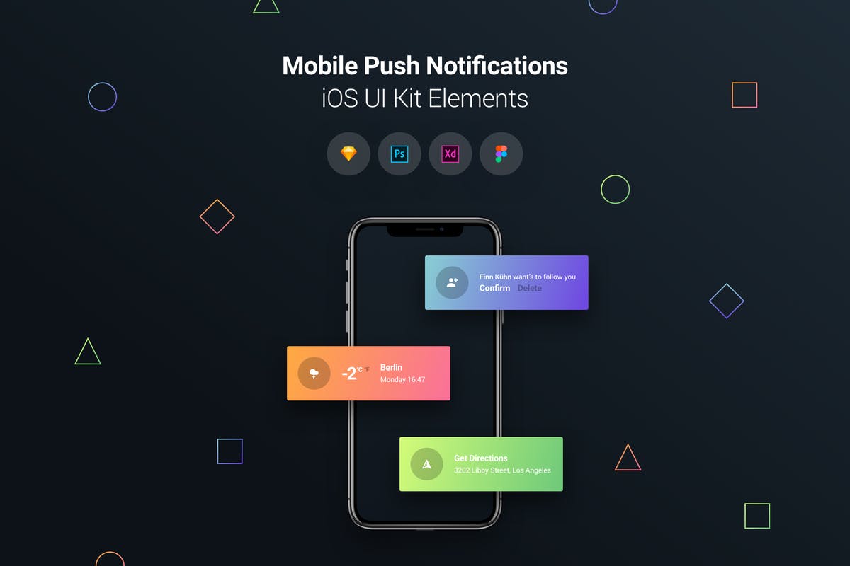 iOS手机应用Push通知界面UI设计模板 Mobile Push Notifications – iOS UI Kit Elements