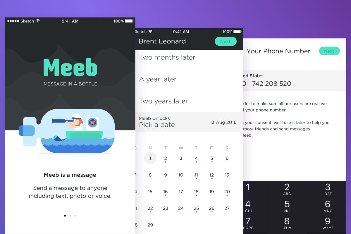 创意SMS信息管理手机APP应用UI模板 Meeb – Message In Bottle App UI KIT