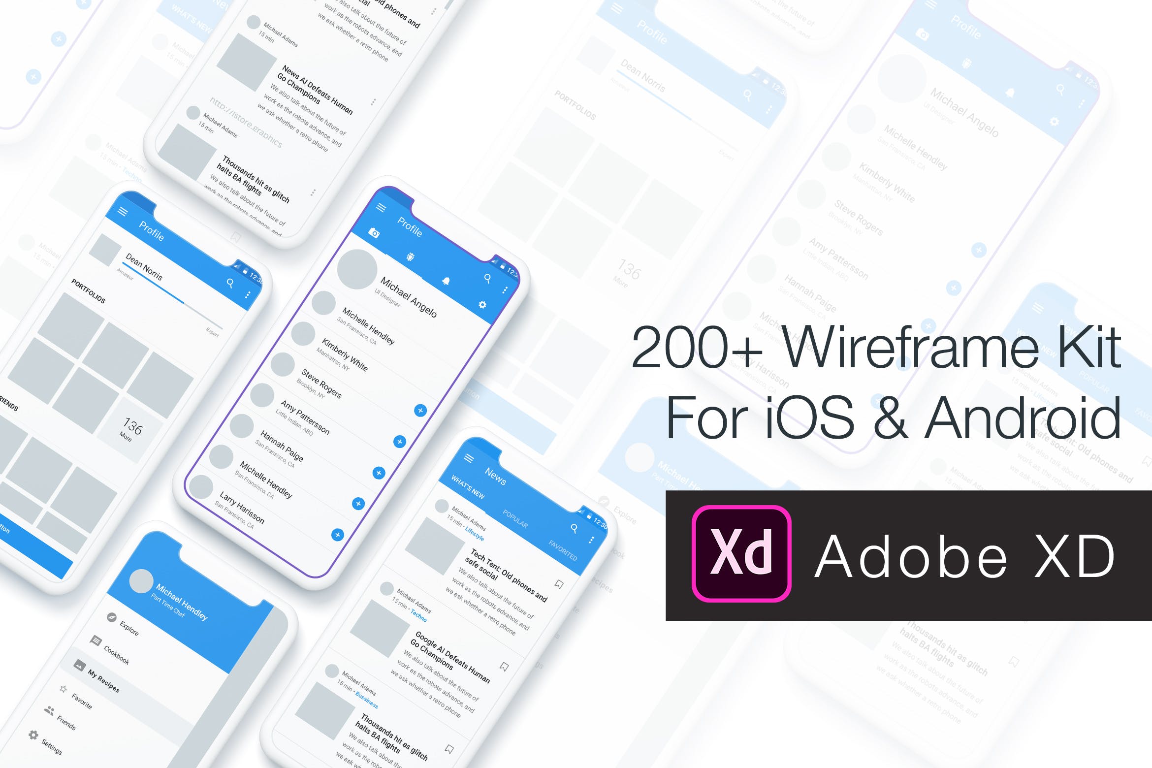 200+ iOS/Android平台应用设计线框图XD模板 Baseframe – Wireframe UI KIT 200++ XD Version