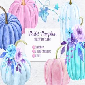水彩彩色南瓜剪贴画 Watercolor Pastel Pumpkin Clipart