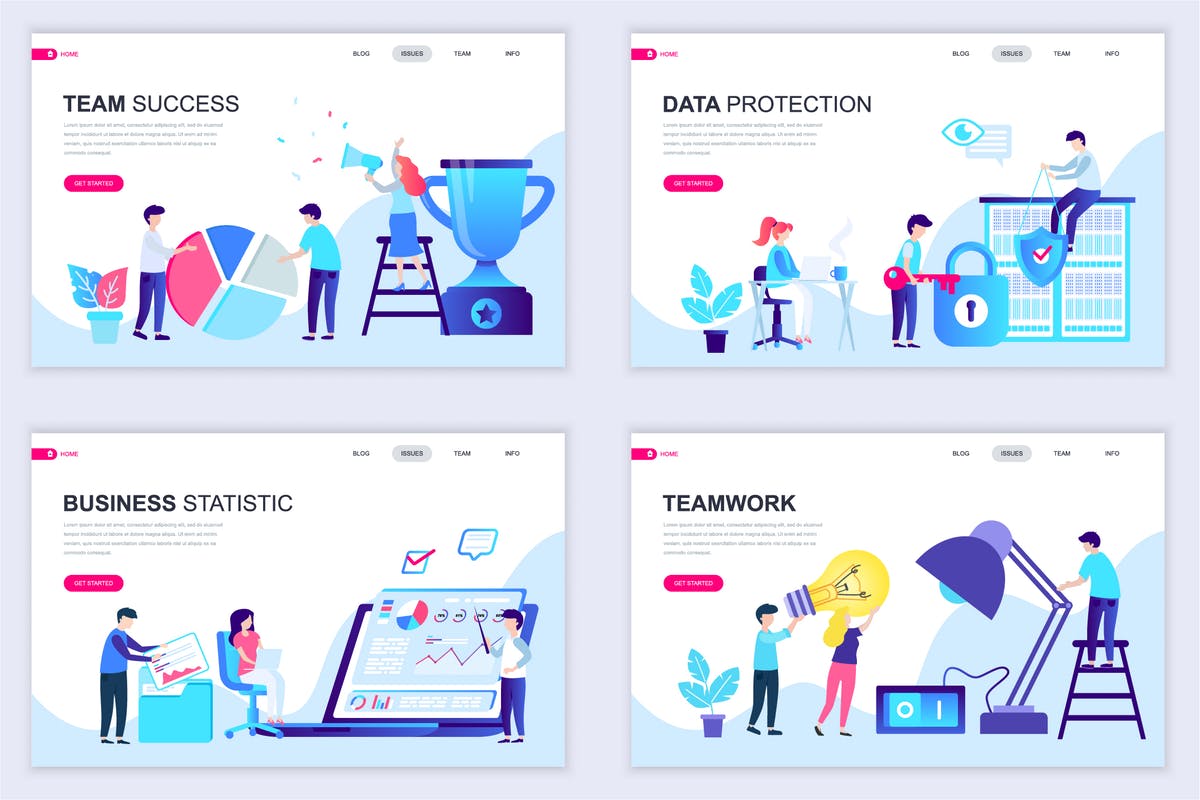 扁平设计风格场景概念插画网站着陆页设计模板v3 Set of Landing Page Templates Flat Concept