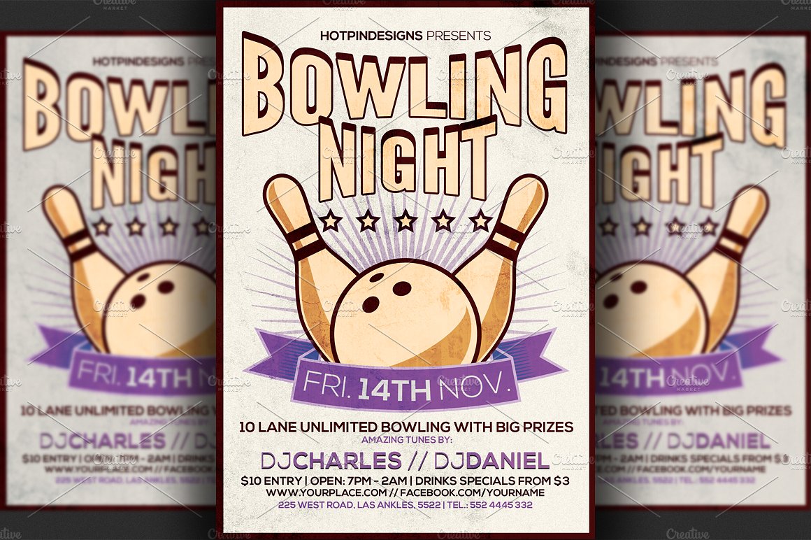 保龄球俱乐部宣传广告海报设计模板 Bowling Night Flyer Template