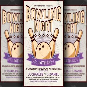 保龄球俱乐部宣传广告海报设计模板 Bowling Night Flyer Template