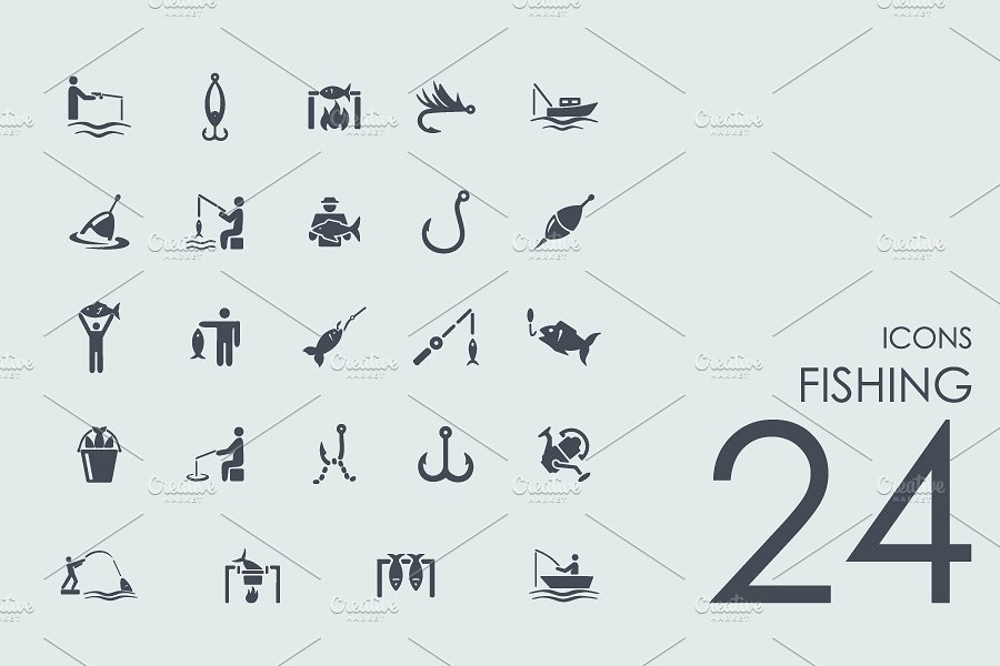 24个钓鱼钓具图标  24 Fishing icons