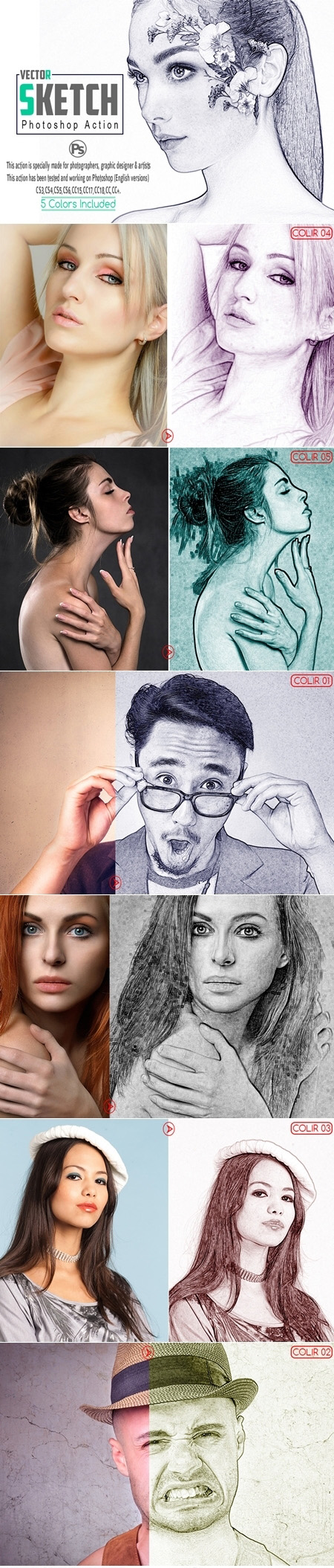 人物肖像矢量素描艺术Photoshop动作下载 Vector Sketch Photoshop Action