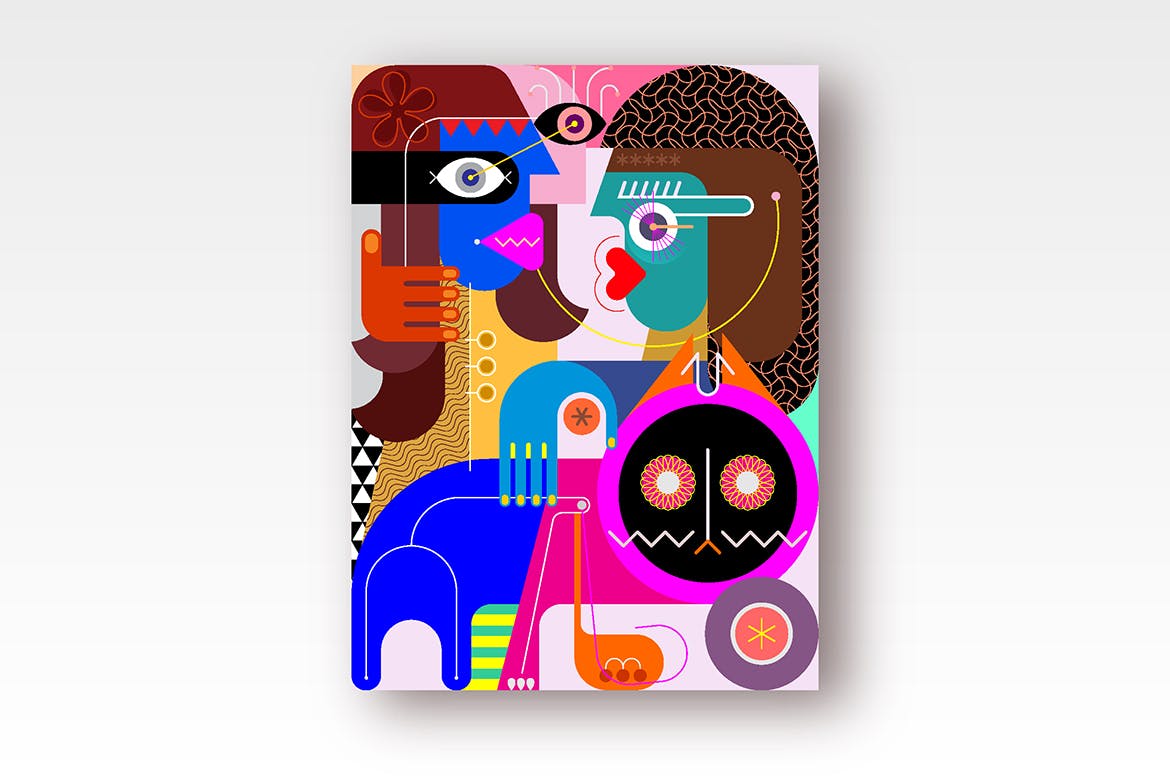 女人与猫抽象矢量插画设计素材 Woman stroking a cat