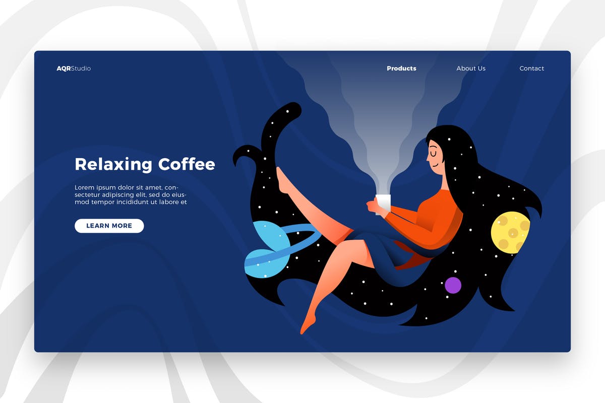 咖啡品牌概念插画网站Banner&着陆页模板 Relaxing Coffee – Banner & Landing Page