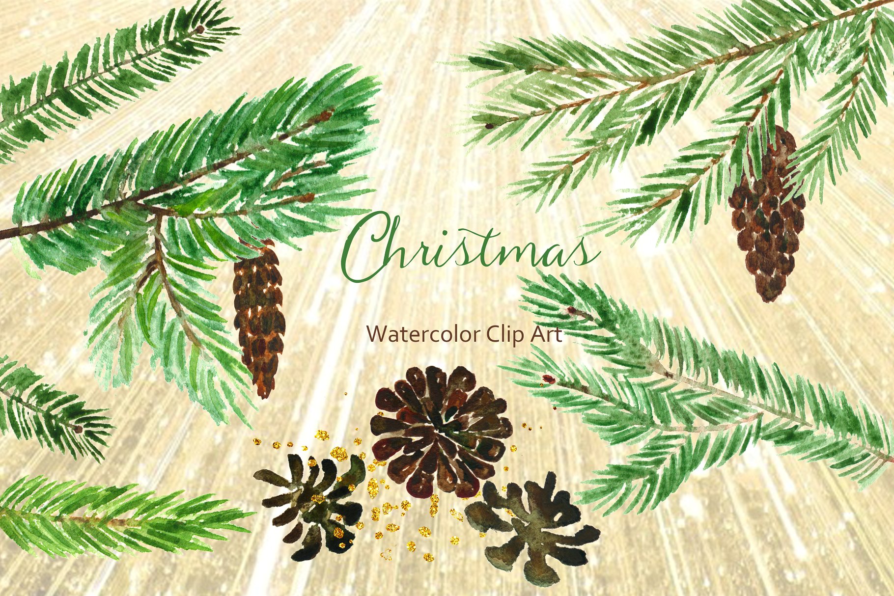 水彩手绘圣诞树剪贴画套装 Christmas tree. Watercolor Clipart