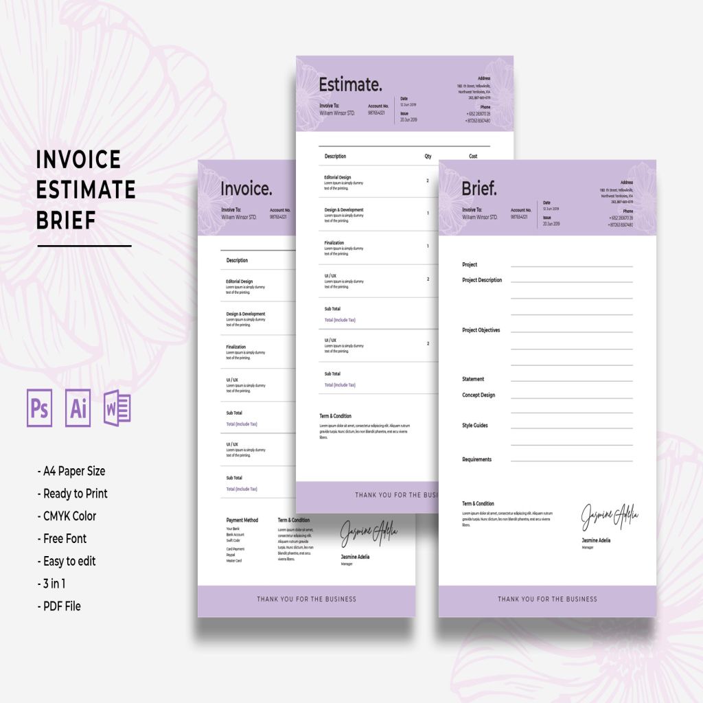 经典简约账单/发票/单据/费用清单设计模板 Invoice Estimate Brief插图