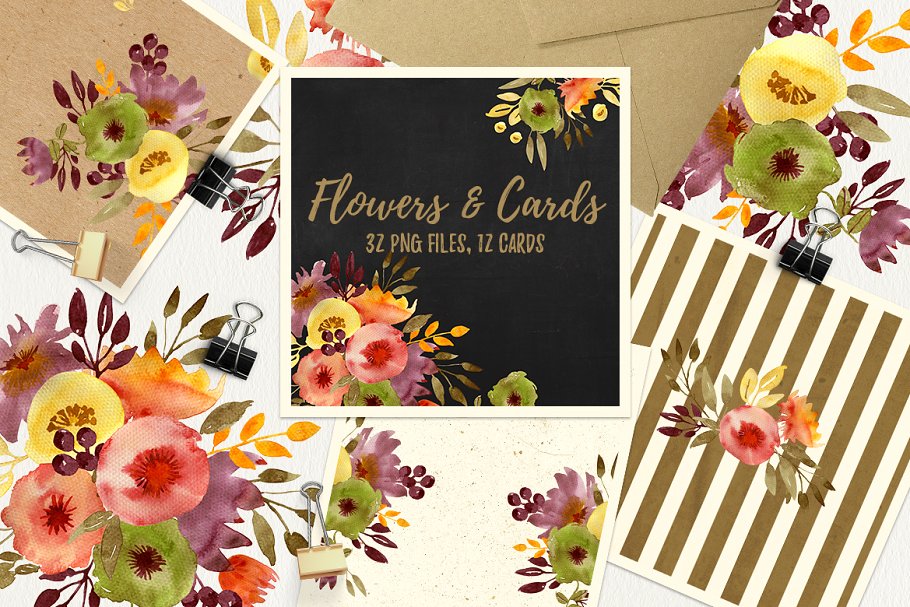 花卉&卡片水彩剪贴画 Flowers and cards