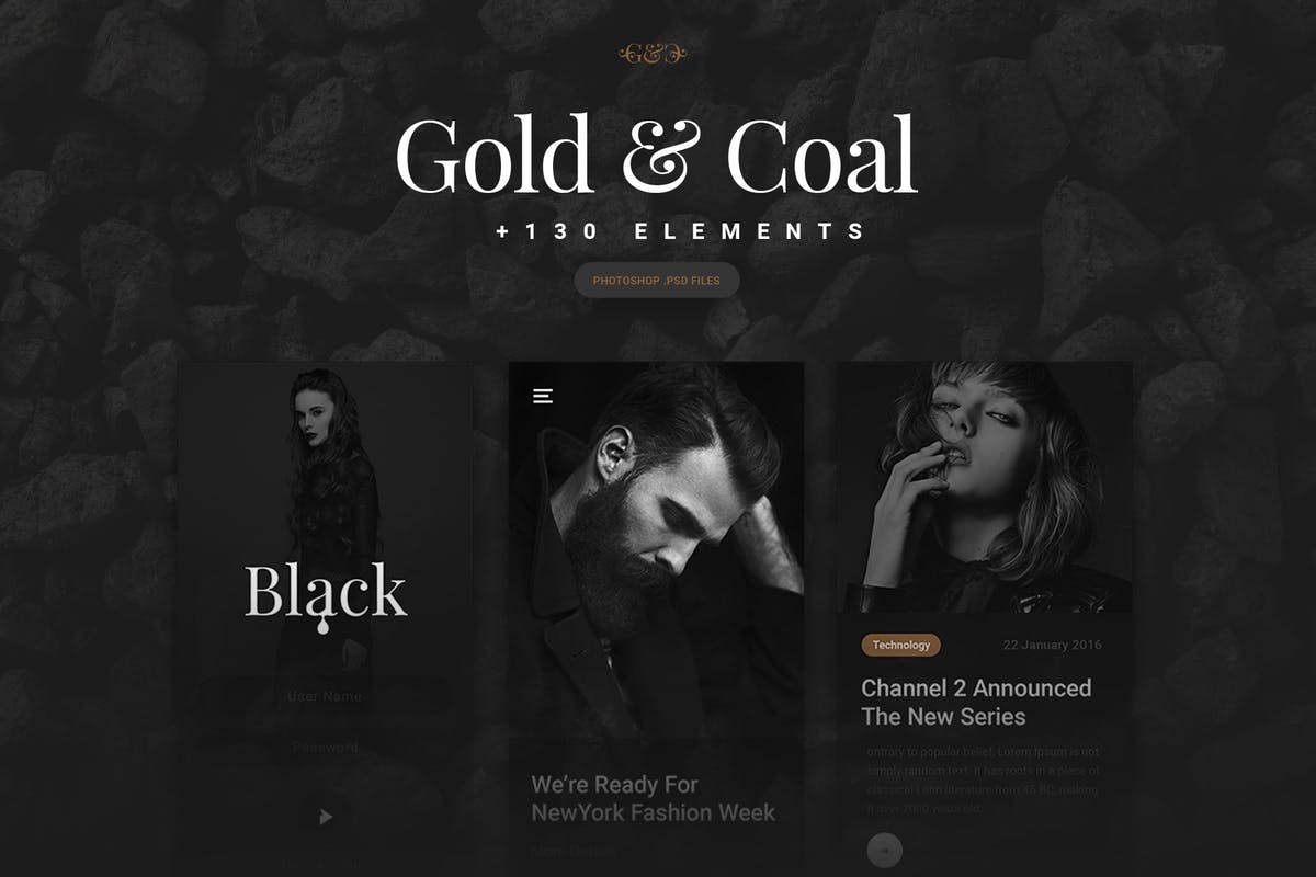 “黑与金的绝配”-多用途 APP UI 套件 Gold &  Coal – UI Kit for Mobile