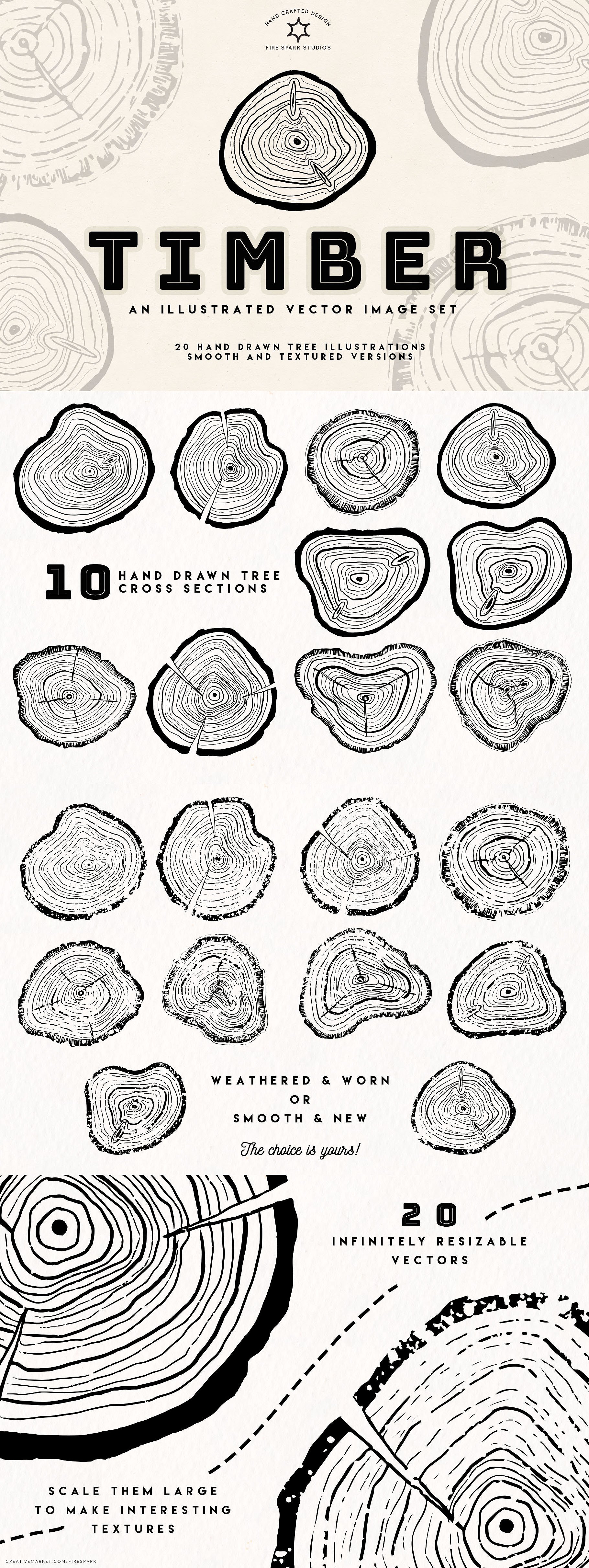 手绘树木年轮矢量图像合集 Timber – Hand Drawn Vector Image Set