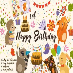 一组可爱动物生日主题背景素材下载[AI, EPS, JPG, PNG]