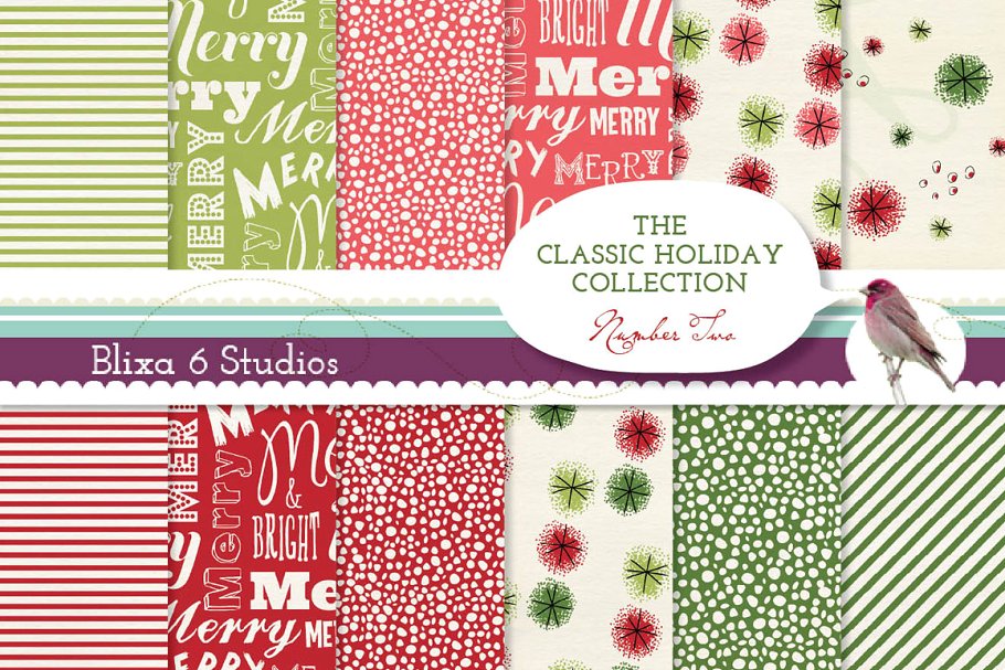 经典圣诞色彩元素纸质背景素材  Retro Holiday Digital Papers