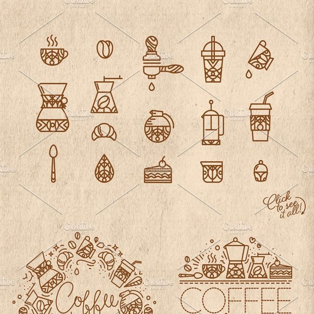 咖啡主题扁平化手绘线条图标插画 coffee flat icons