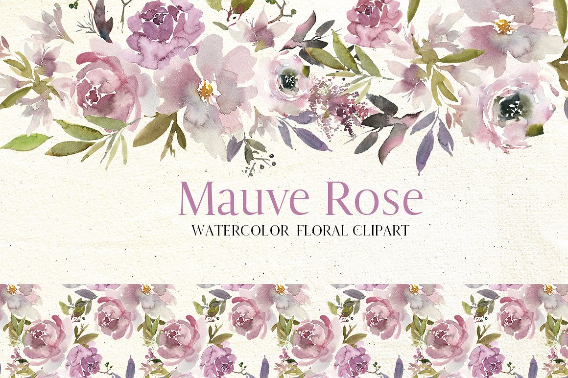 淡紫色玫瑰水彩花卉剪贴画 Mauve Rose Watercolor Floral Clipart