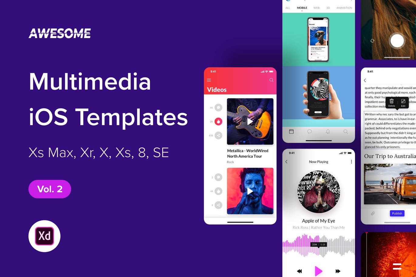 iOS手机多媒体APP应用UI设计套件XD模板v2 Awesome iOS UI Kit – Multimedia Vol. 2 (Adobe XD)
