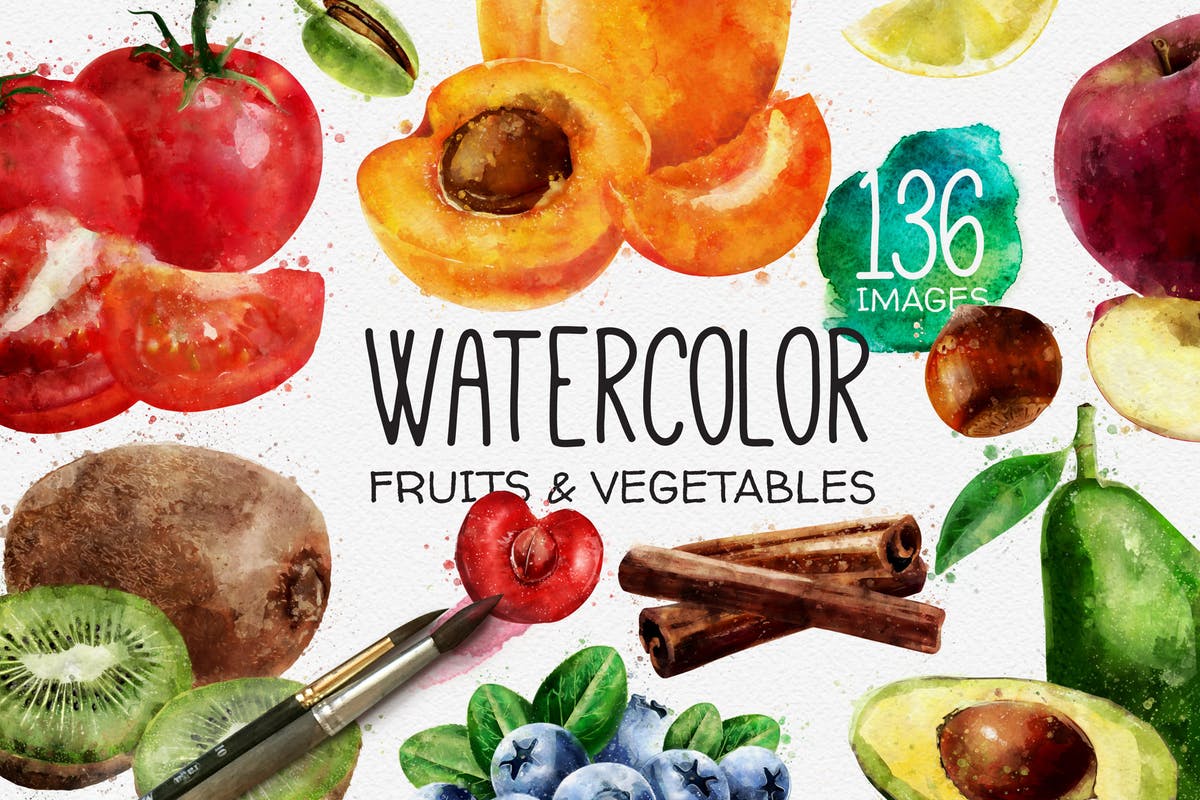 水彩水果&蔬菜插画合集 Watercolor Fruits And Vegetables