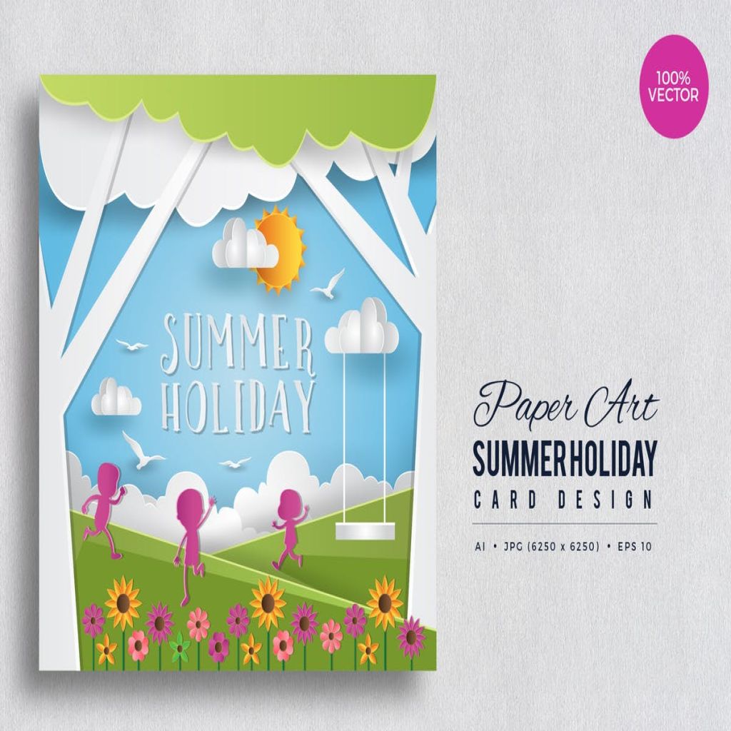 剪纸艺术夏日度假贺卡矢量模板v3 Paper Art Summer Holiday Vector Card Vol.3插图