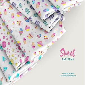 可爱多彩甜点手绘水彩图案纹理 Watercolor Sweet Patterns