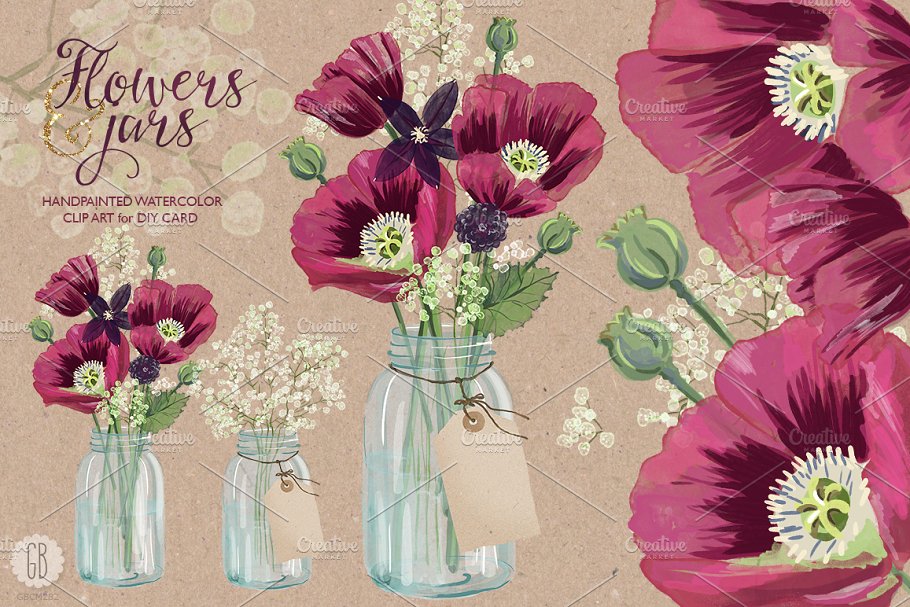 手绘水彩罂粟花元素插画素材 Watercolor burgundy poppies in a jar