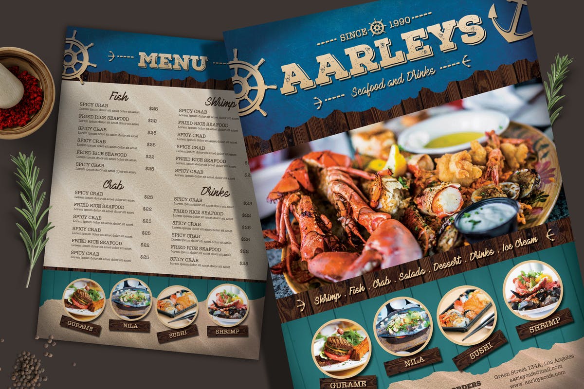 海鲜美食餐厅菜谱传单/菜单PSD模板 Seafood Menu
