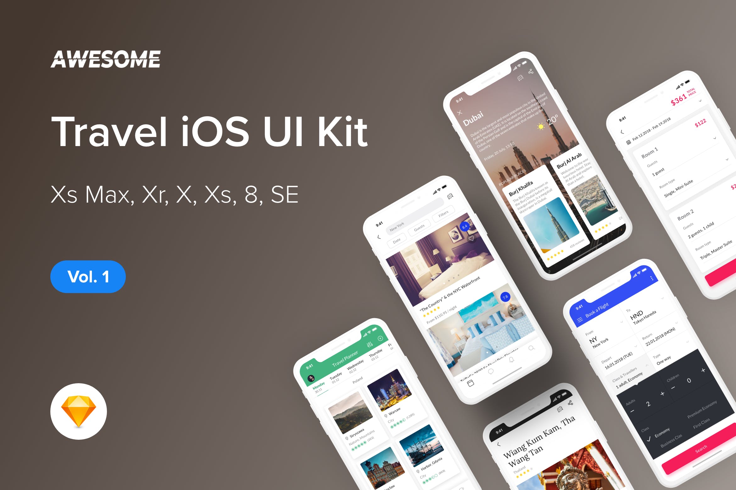 旅游门户APP应用UI设计套件SKETCH素材v1 Awesome iOS UI Kit – Travel Vol. 1 (Sketch)