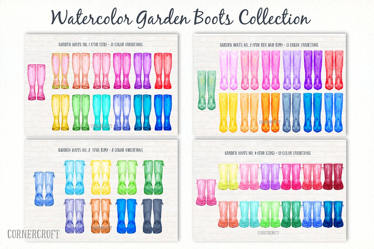 花园高筒靴系列水彩插图 Watercolor Garden Boots Collection