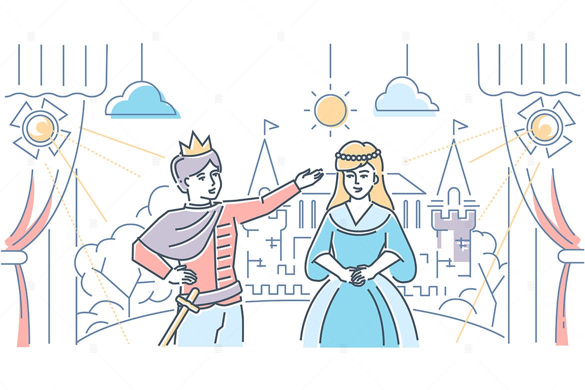 戏剧舞台场景线条设计风格插画素材 Theatre school – line design style illustration