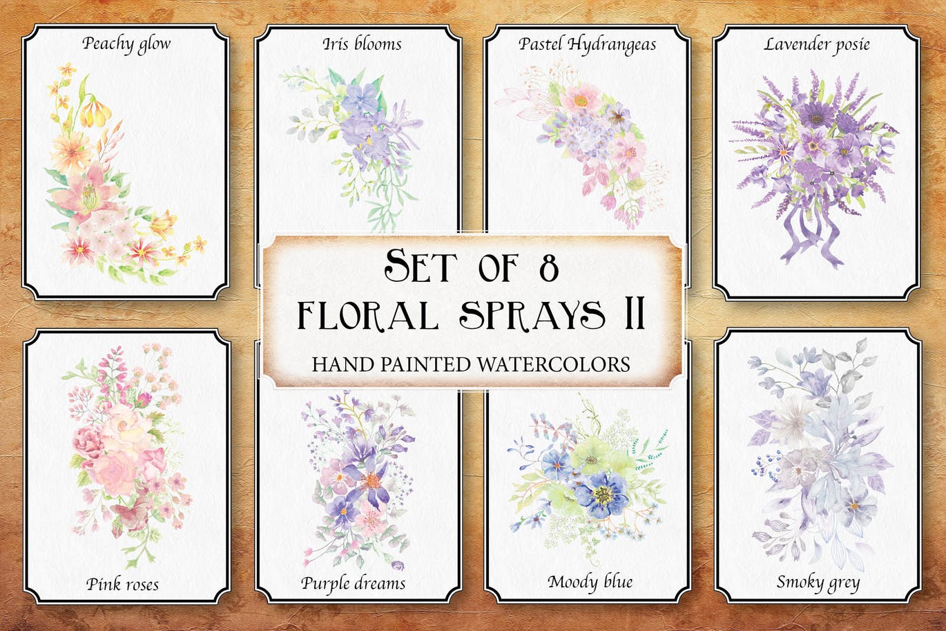 水彩花卉手绘图案剪贴画PNG素材 II Set of 8 Watercolor Clip Art Sprays II