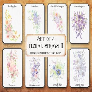 水彩花卉手绘图案剪贴画PNG素材 II Set of 8 Watercolor Clip Art Sprays II