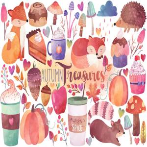 秋季主题水彩剪贴画合集 Watercolor Autumn Clipart Bundle