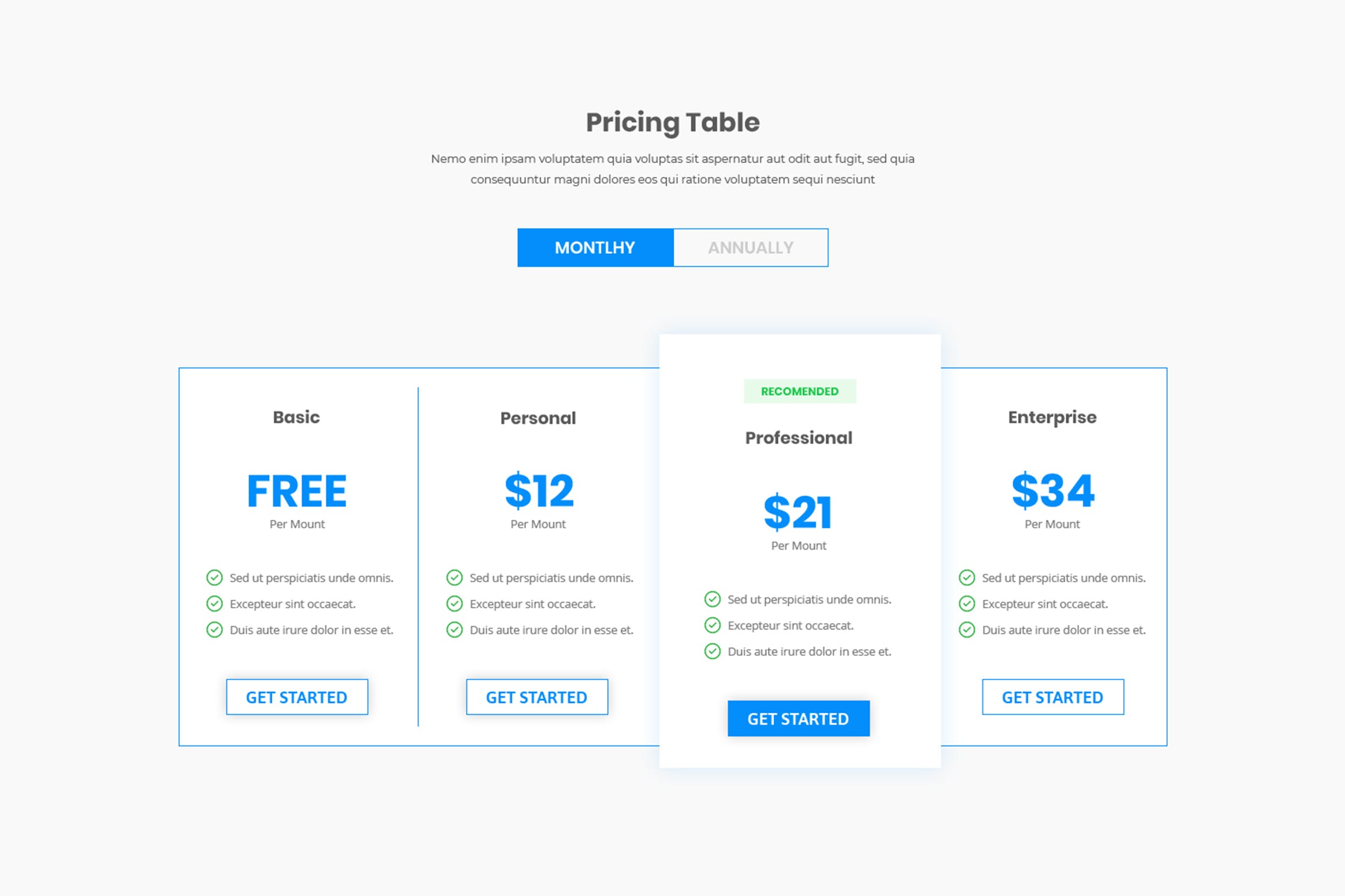 网站订阅套餐服务价格表单UI设计模板 Pricing Table