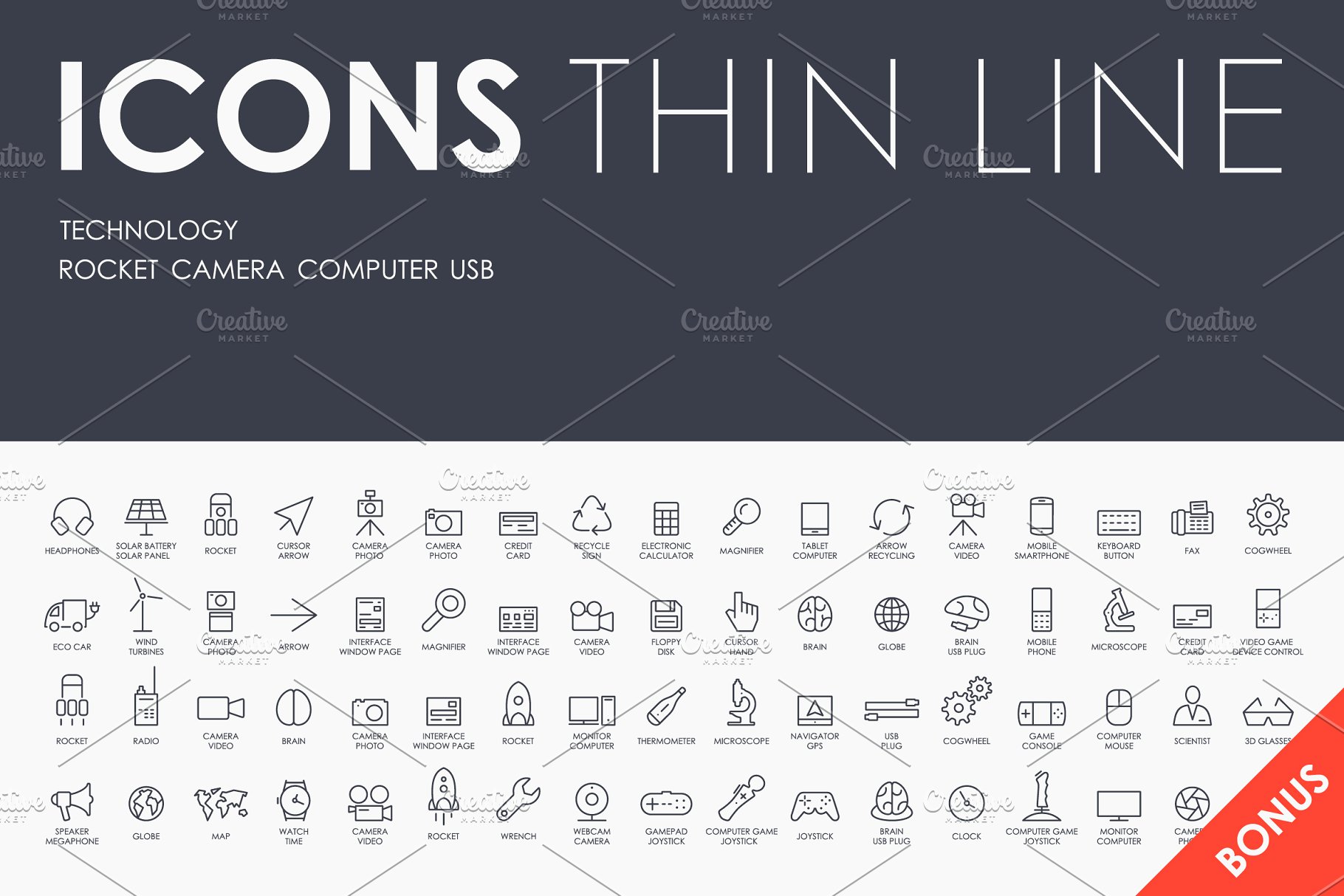 技术科技类细笔画小图标素材 Technology thinline icons + BONUS